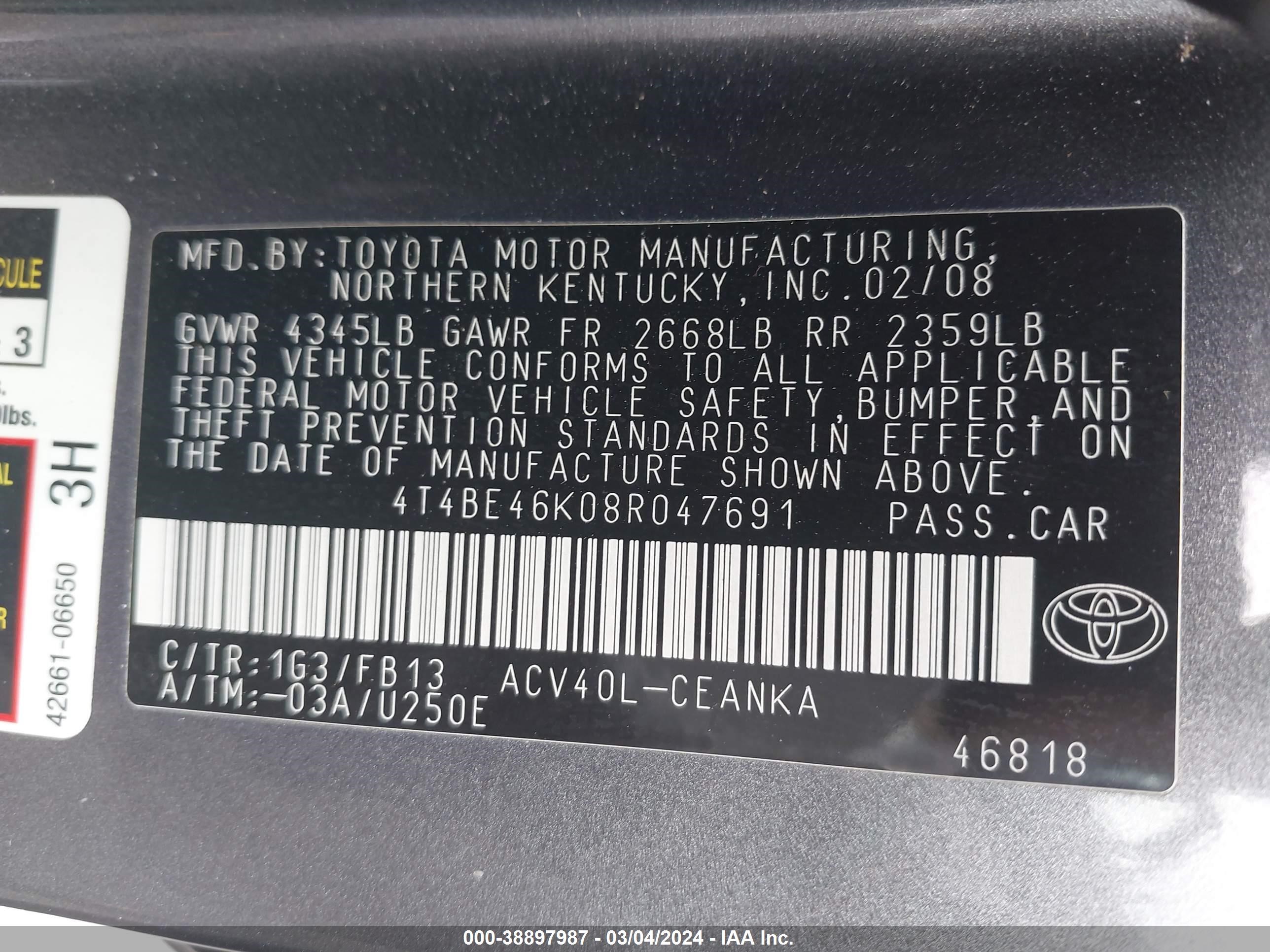 Photo 8 VIN: 4T4BE46K08R047691 - TOYOTA CAMRY 