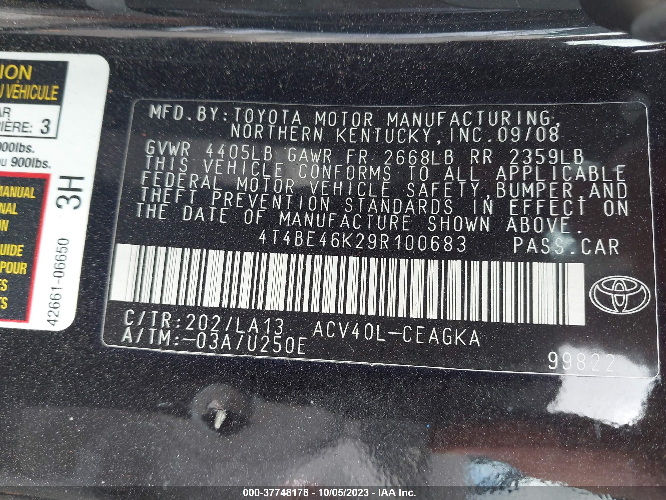 Photo 8 VIN: 4T4BE46K29R100683 - TOYOTA CAMRY 