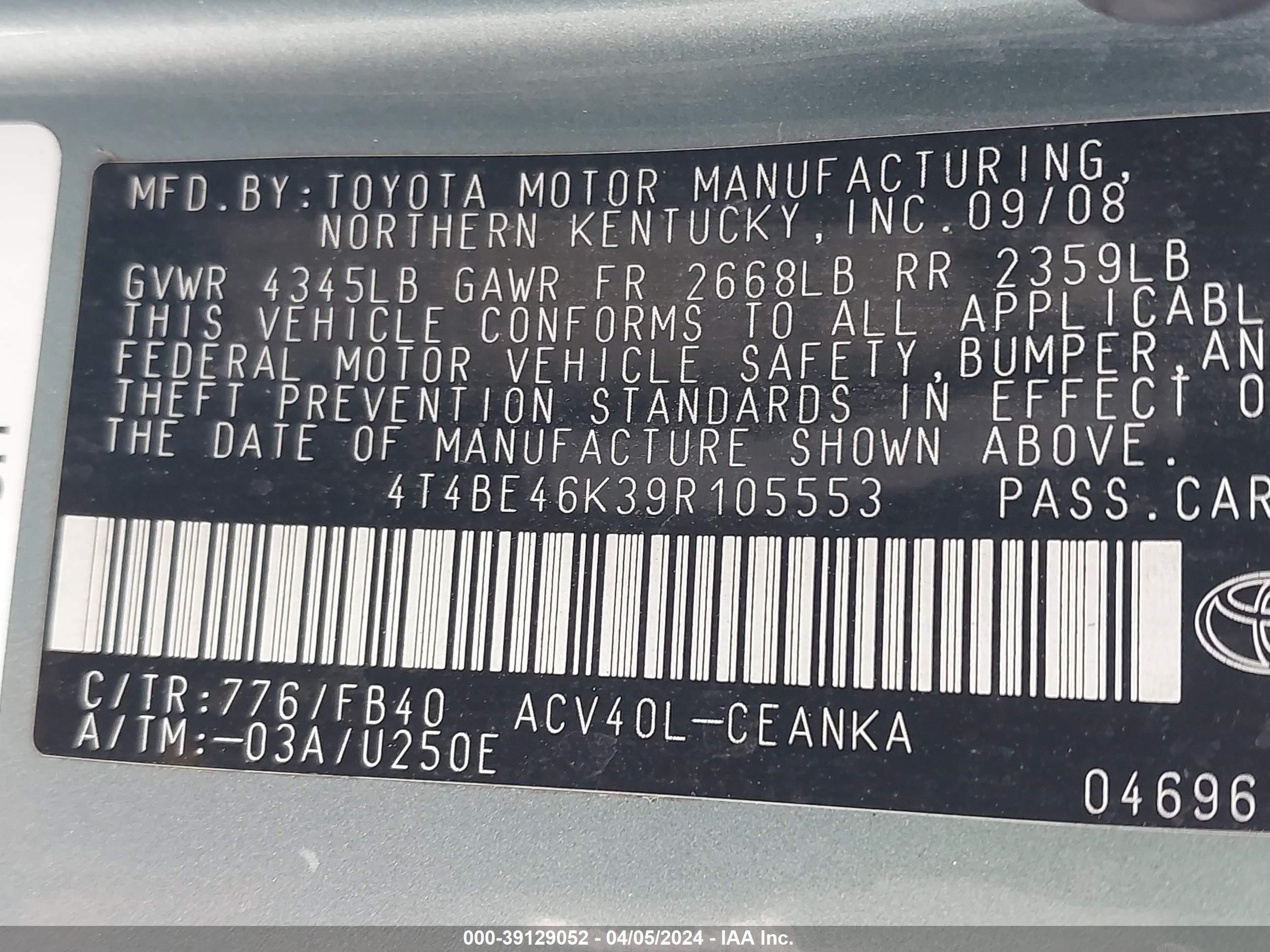 Photo 8 VIN: 4T4BE46K39R105553 - TOYOTA CAMRY 