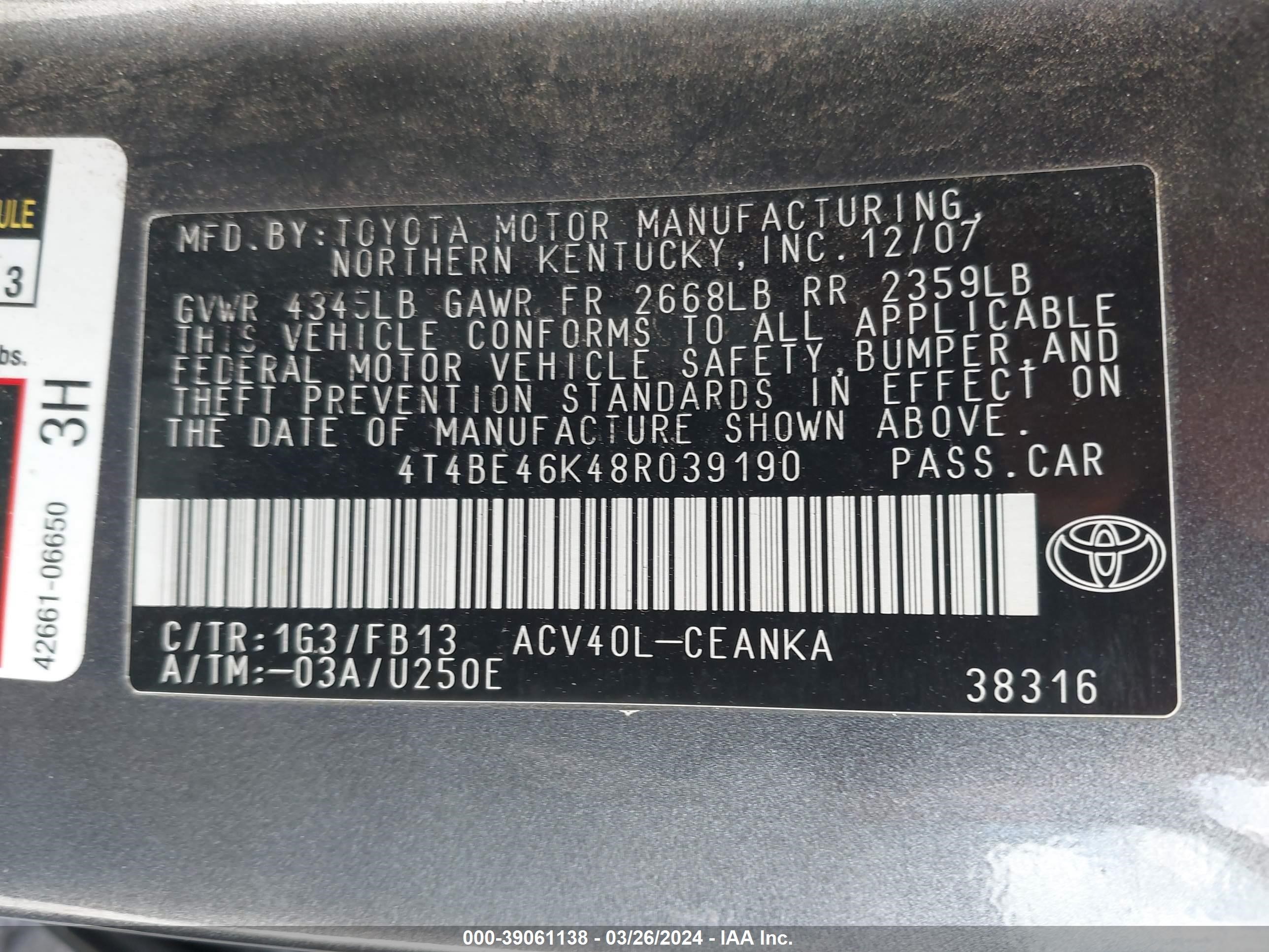 Photo 8 VIN: 4T4BE46K48R039190 - TOYOTA CAMRY 