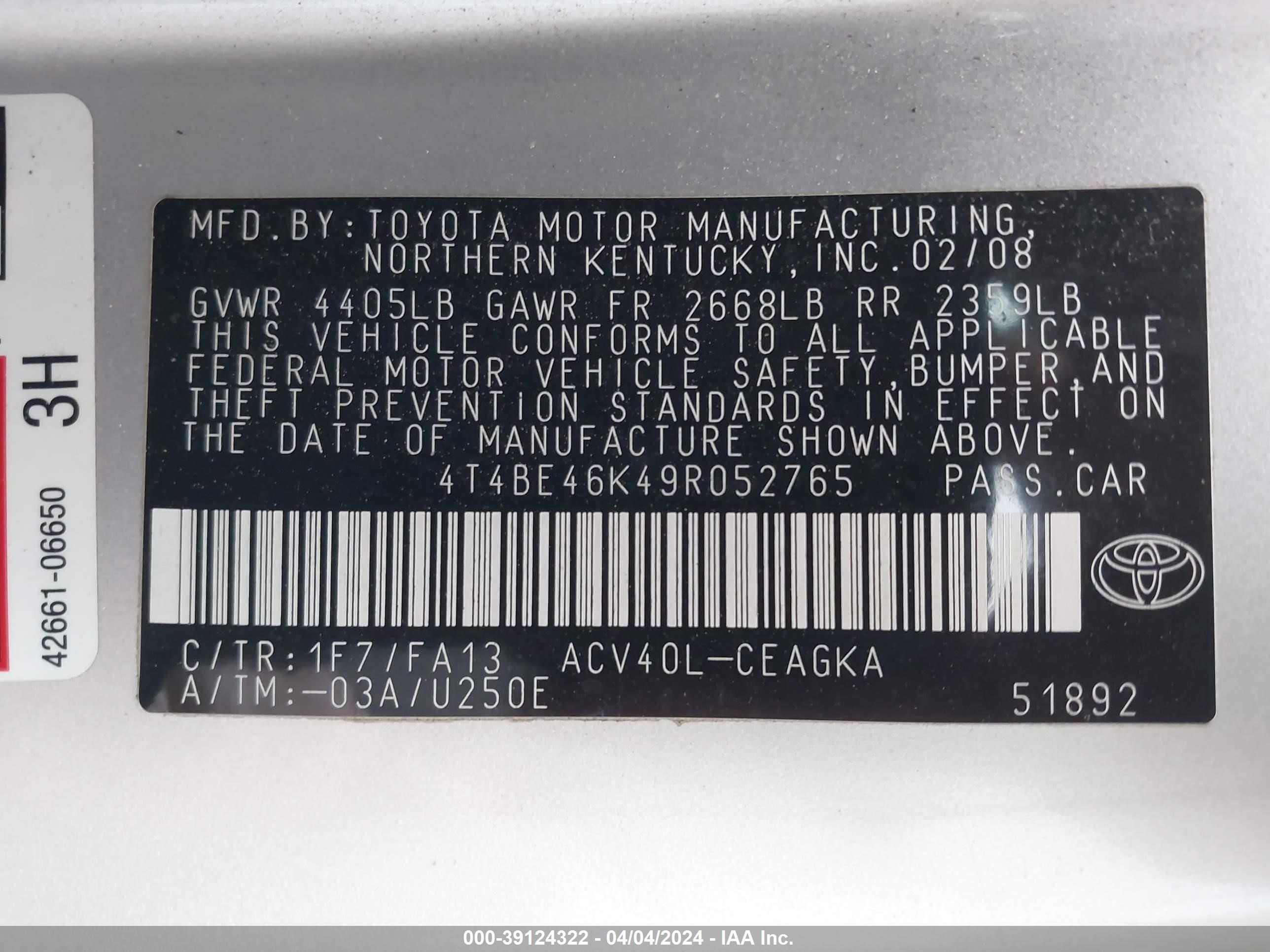 Photo 8 VIN: 4T4BE46K49R052765 - TOYOTA CAMRY 