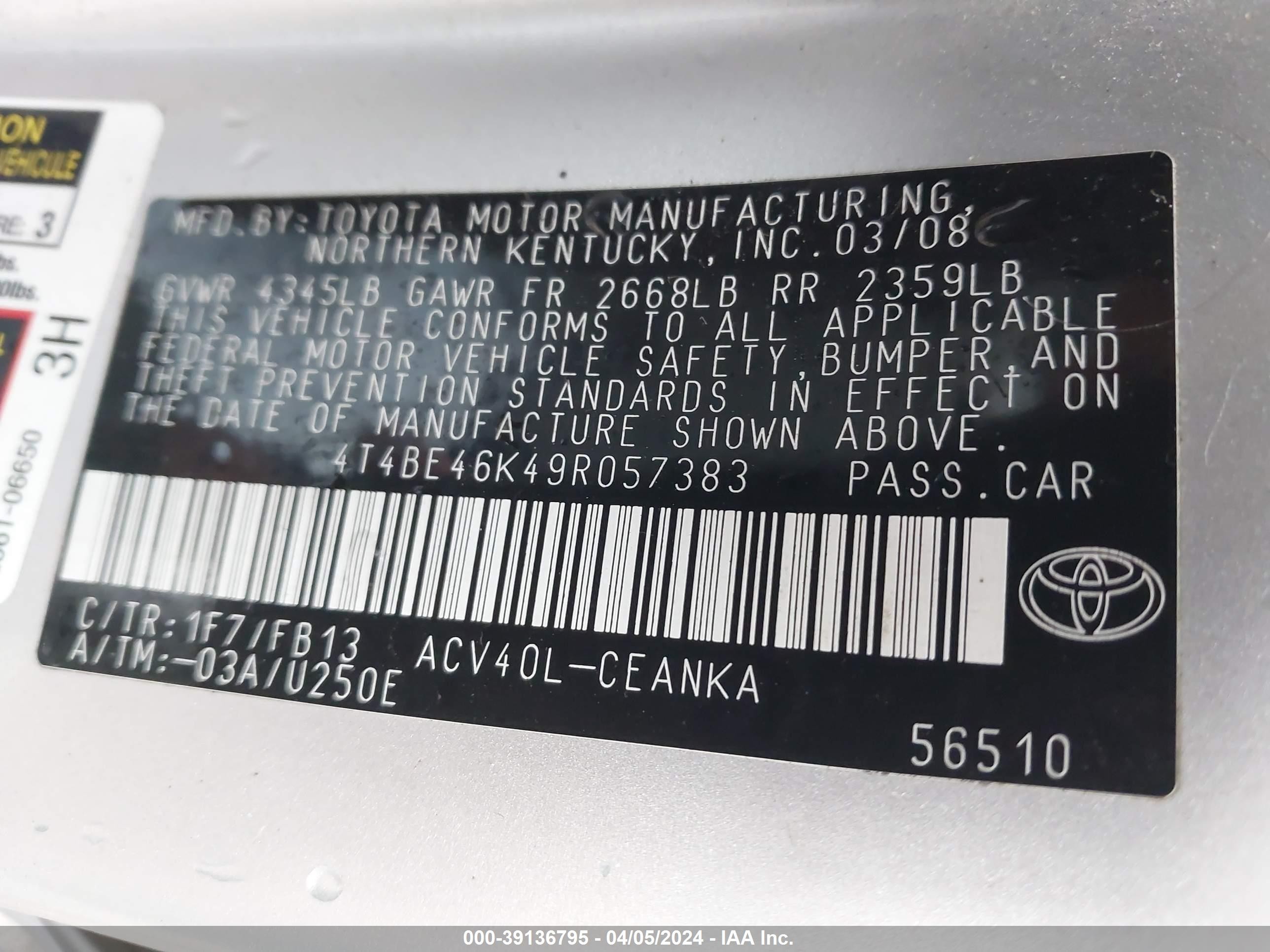 Photo 8 VIN: 4T4BE46K49R057383 - TOYOTA CAMRY 