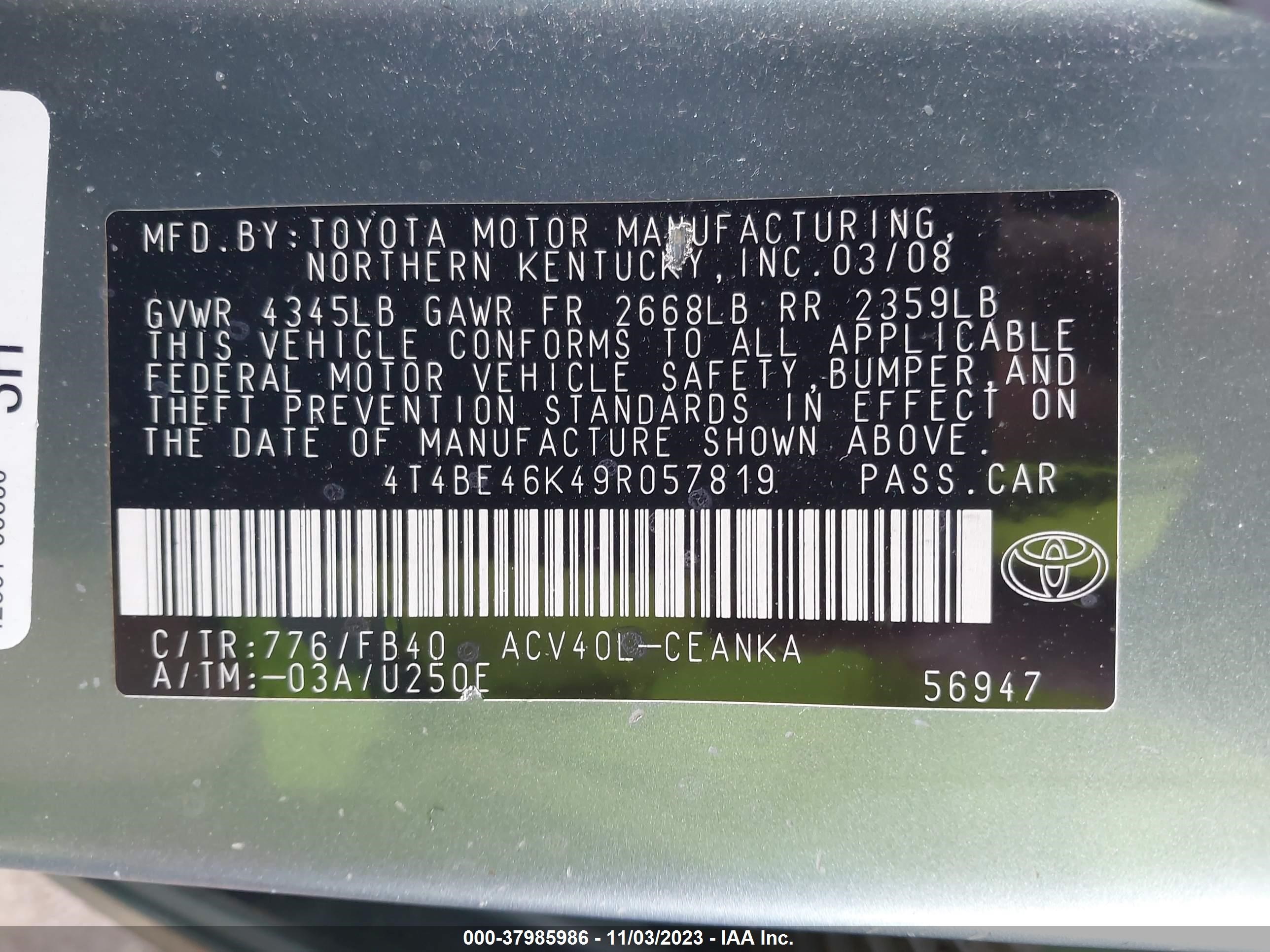 Photo 8 VIN: 4T4BE46K49R057819 - TOYOTA CAMRY 