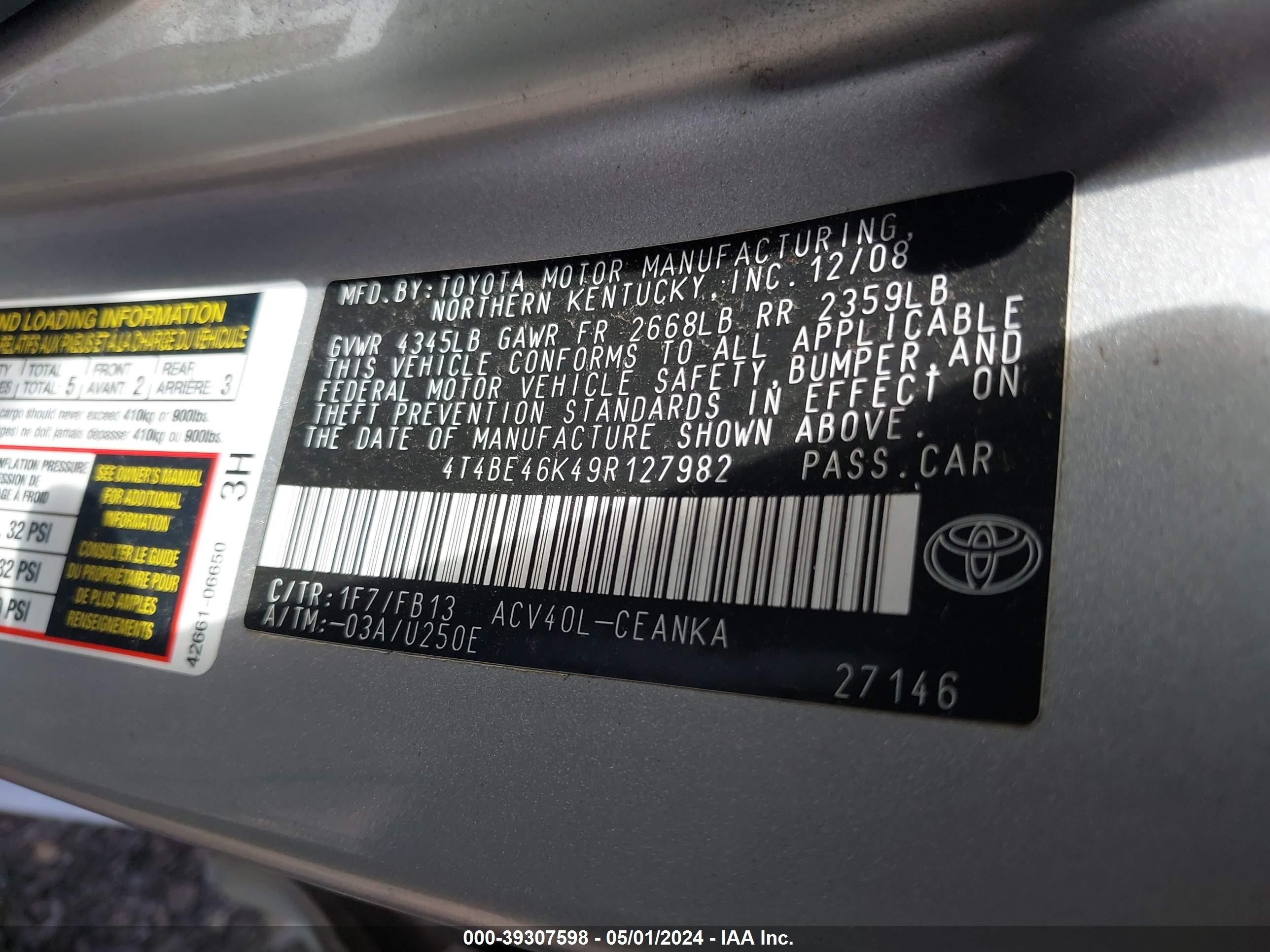 Photo 8 VIN: 4T4BE46K49R127982 - TOYOTA CAMRY 