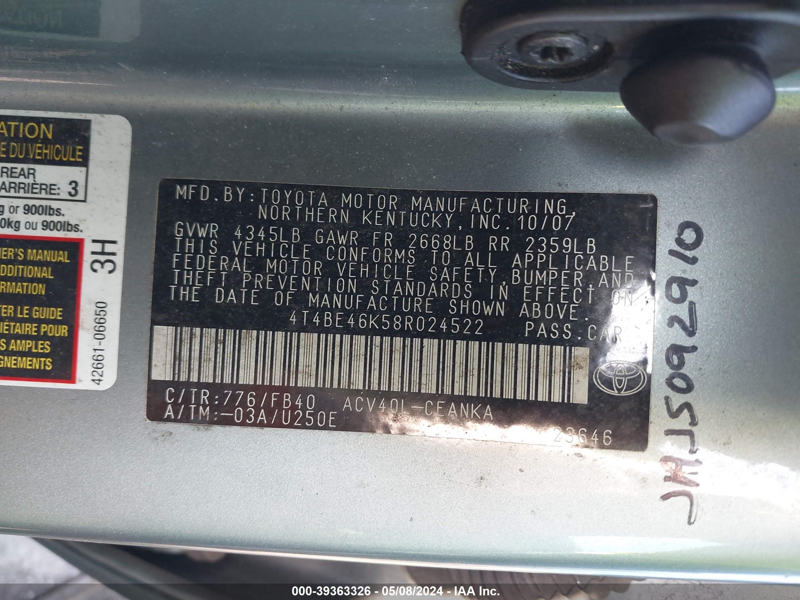 Photo 8 VIN: 4T4BE46K58R024522 - TOYOTA CAMRY 