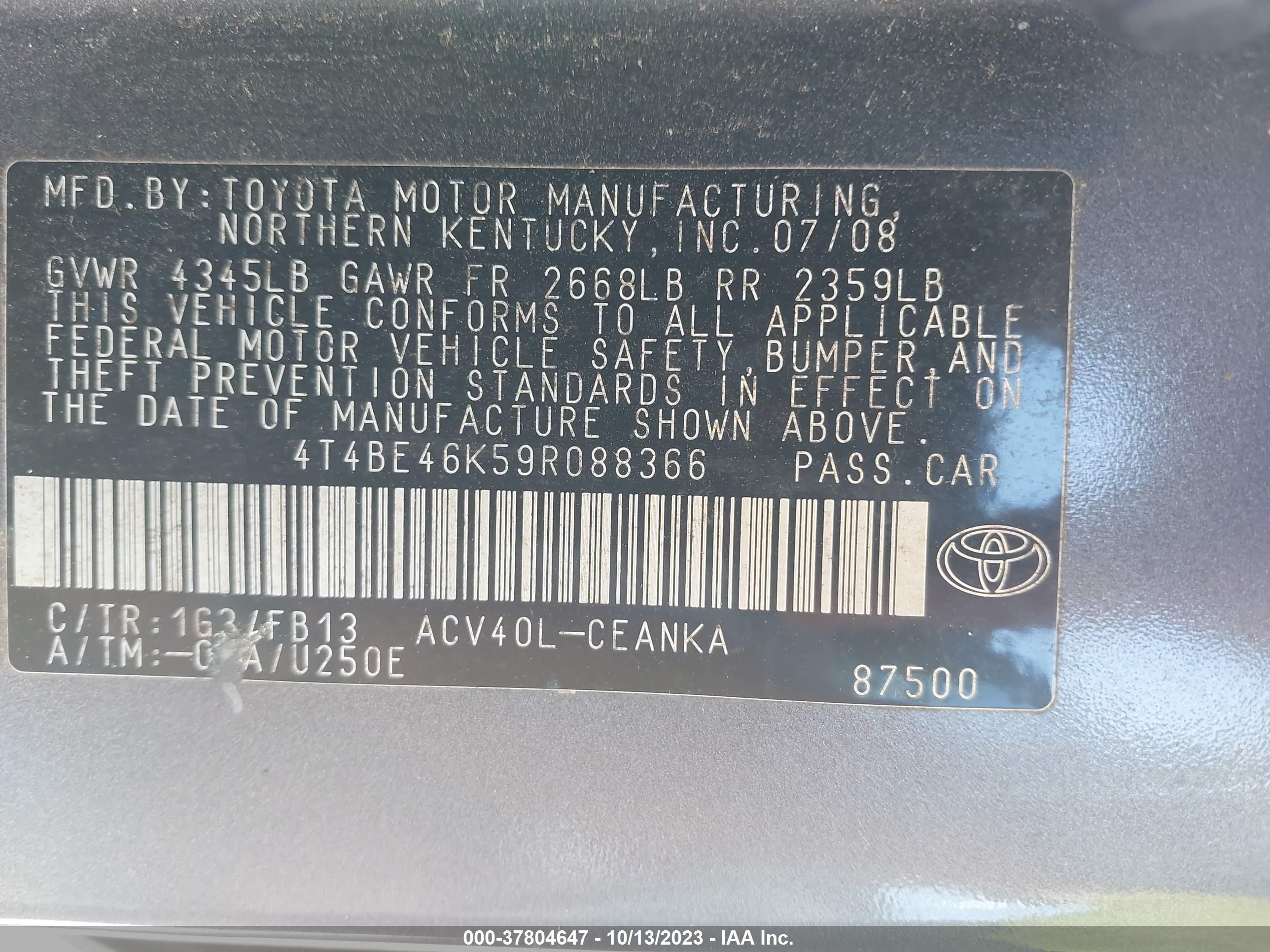 Photo 8 VIN: 4T4BE46K59R088366 - TOYOTA CAMRY 