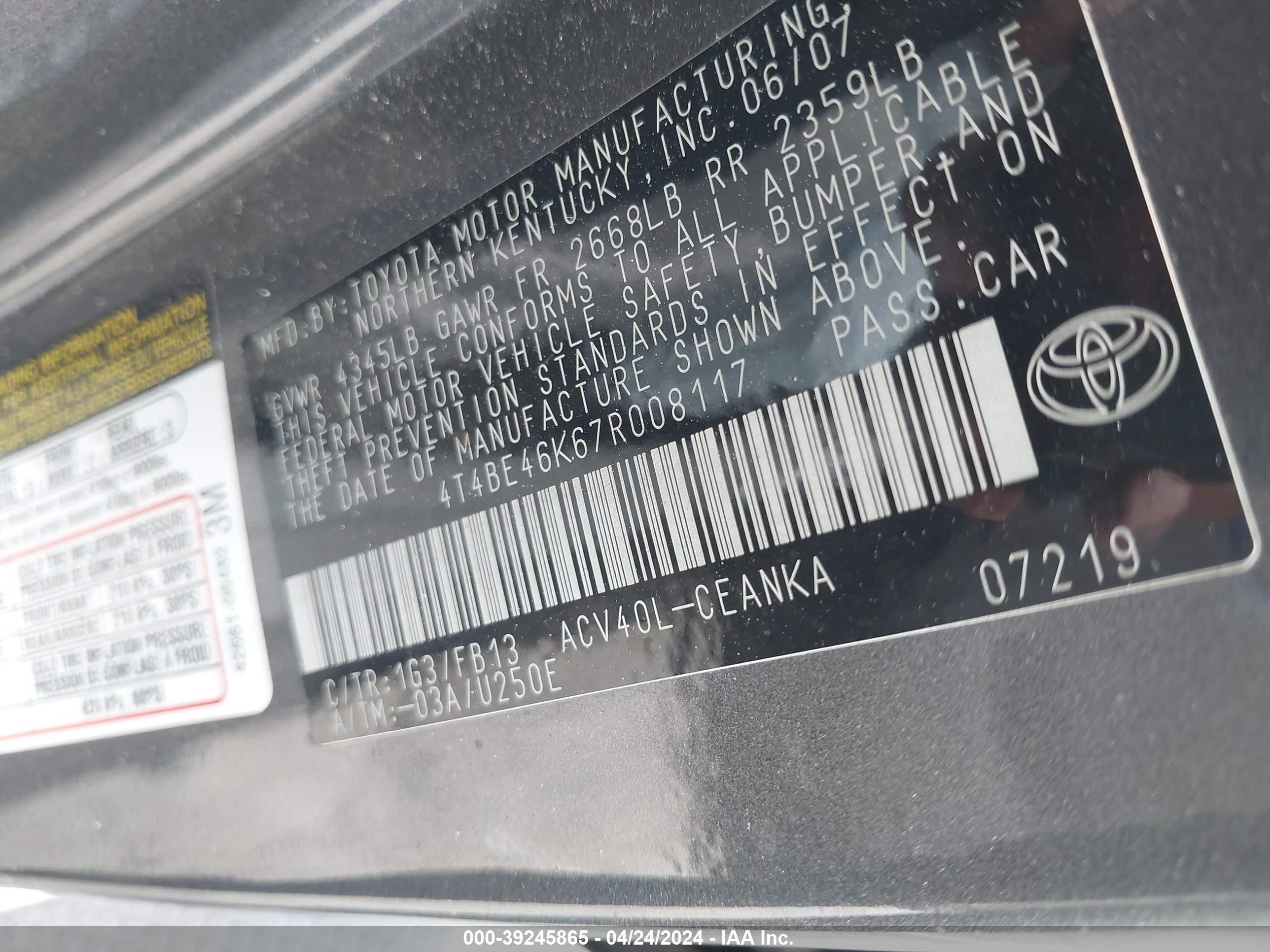 Photo 8 VIN: 4T4BE46K67R008117 - TOYOTA CAMRY 