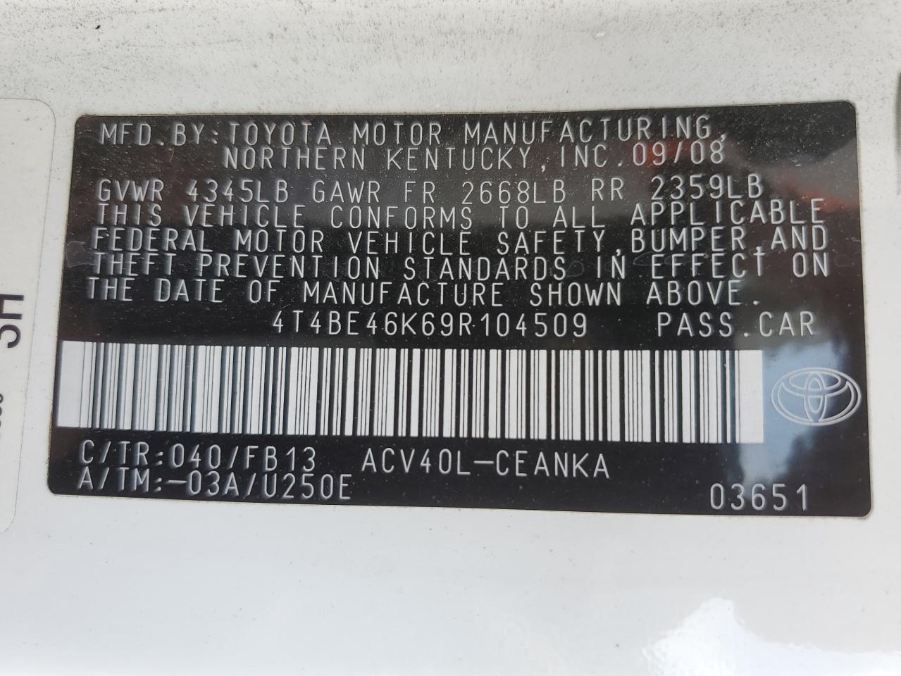 Photo 11 VIN: 4T4BE46K69R104509 - TOYOTA CAMRY 