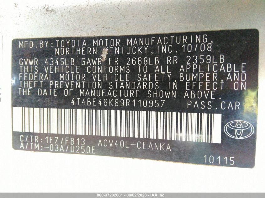 Photo 8 VIN: 4T4BE46K89R110957 - TOYOTA CAMRY 