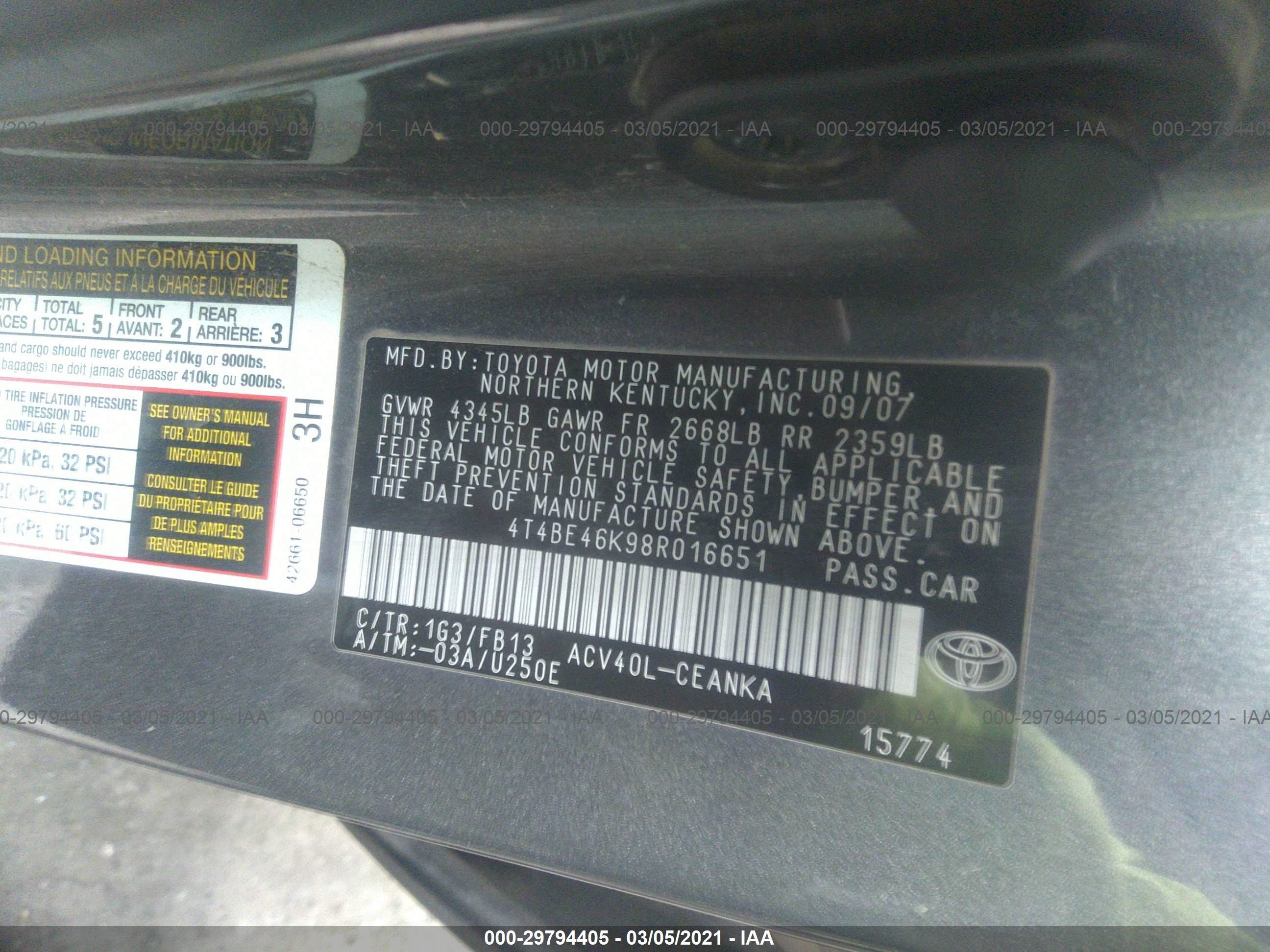 Photo 8 VIN: 4T4BE46K98R016651 - TOYOTA CAMRY 