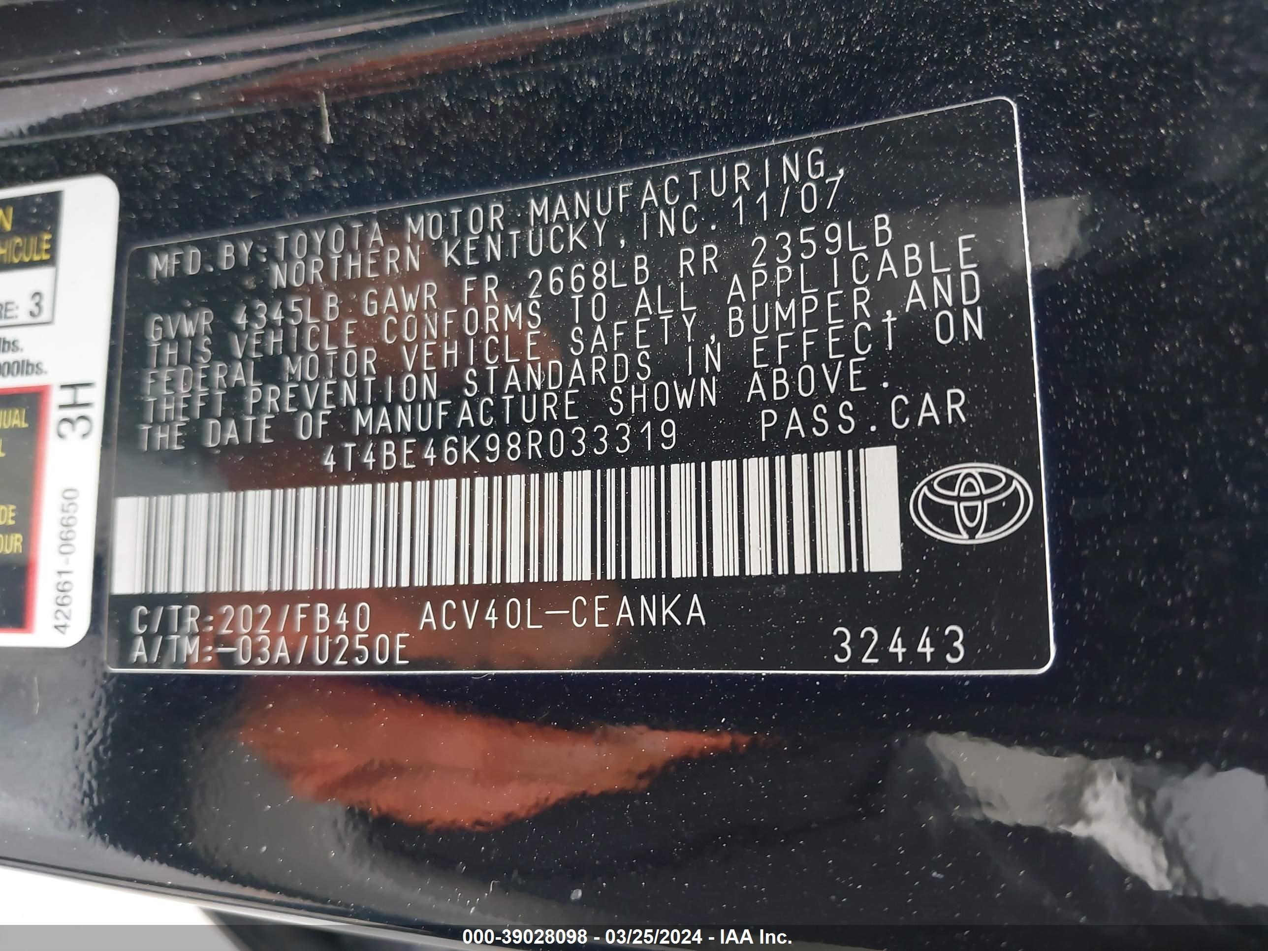 Photo 8 VIN: 4T4BE46K98R033319 - TOYOTA CAMRY 