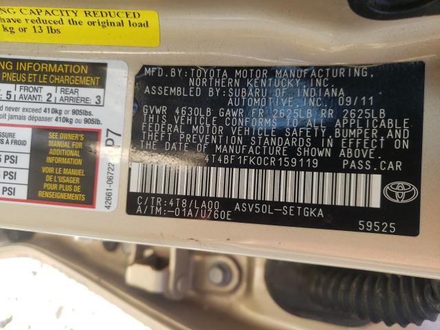 Photo 9 VIN: 4T4BF1FK0CR159119 - TOYOTA CAMRY BASE 