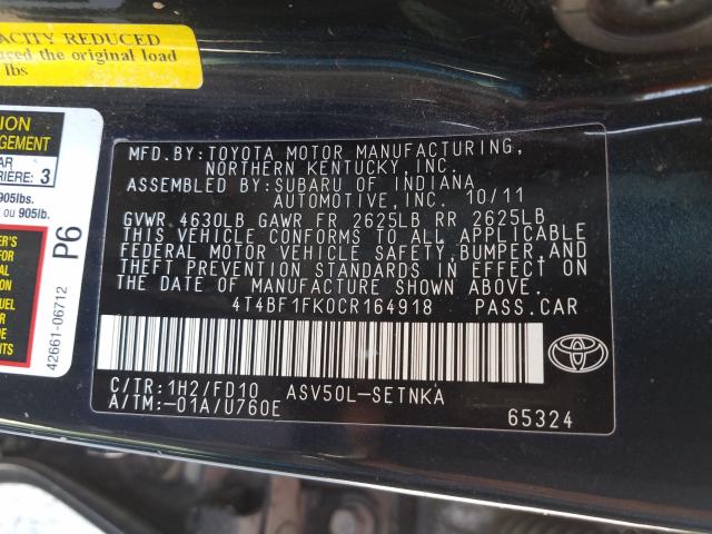 Photo 9 VIN: 4T4BF1FK0CR164918 - TOYOTA CAMRY BASE 