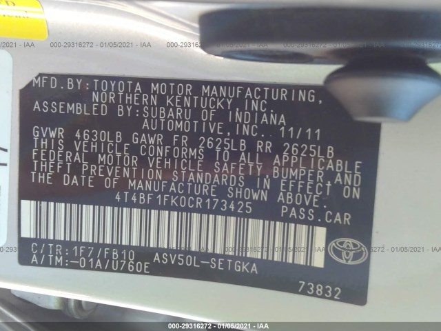 Photo 8 VIN: 4T4BF1FK0CR173425 - TOYOTA CAMRY 