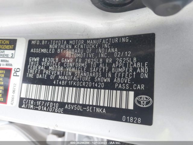 Photo 8 VIN: 4T4BF1FK0CR201420 - TOYOTA CAMRY 