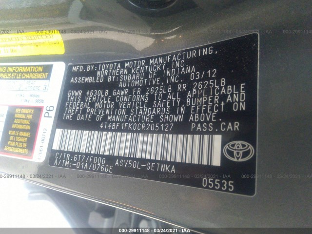 Photo 8 VIN: 4T4BF1FK0CR205127 - TOYOTA CAMRY 