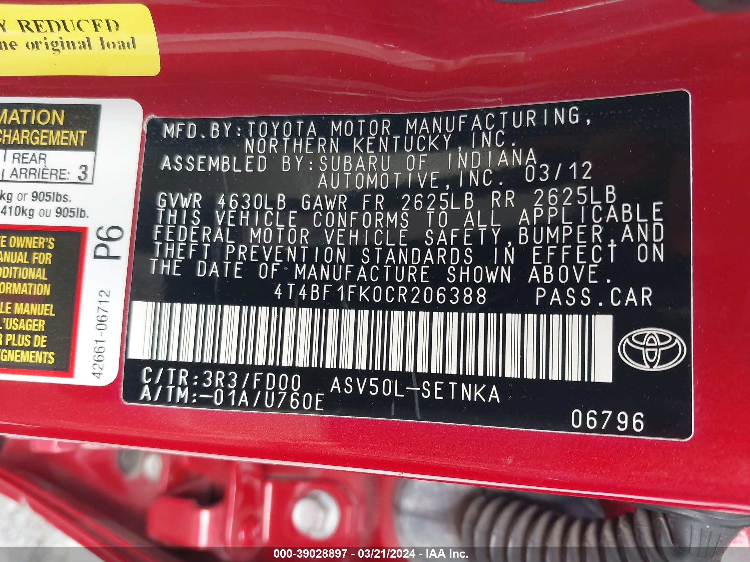 Photo 8 VIN: 4T4BF1FK0CR206388 - TOYOTA CAMRY 