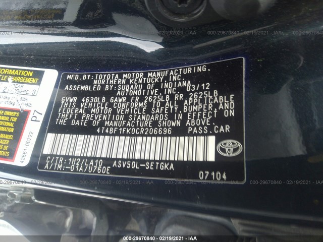 Photo 8 VIN: 4T4BF1FK0CR206696 - TOYOTA CAMRY 