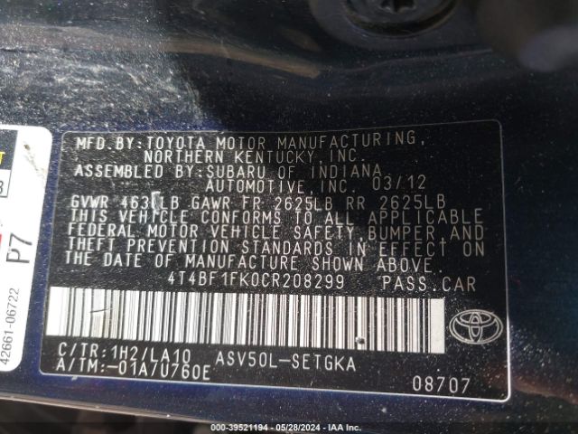 Photo 8 VIN: 4T4BF1FK0CR208299 - TOYOTA CAMRY 