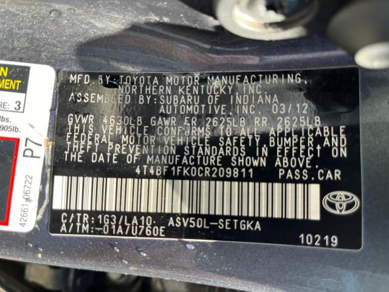 Photo 9 VIN: 4T4BF1FK0CR209811 - TOYOTA CAMRY 