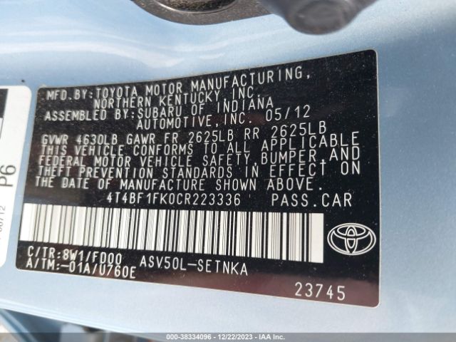 Photo 8 VIN: 4T4BF1FK0CR223336 - TOYOTA CAMRY 