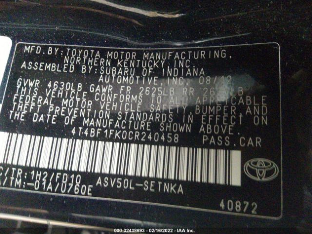 Photo 8 VIN: 4T4BF1FK0CR240458 - TOYOTA CAMRY 