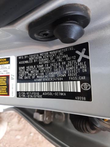 Photo 9 VIN: 4T4BF1FK0CR247684 - TOYOTA CAMRY BASE 