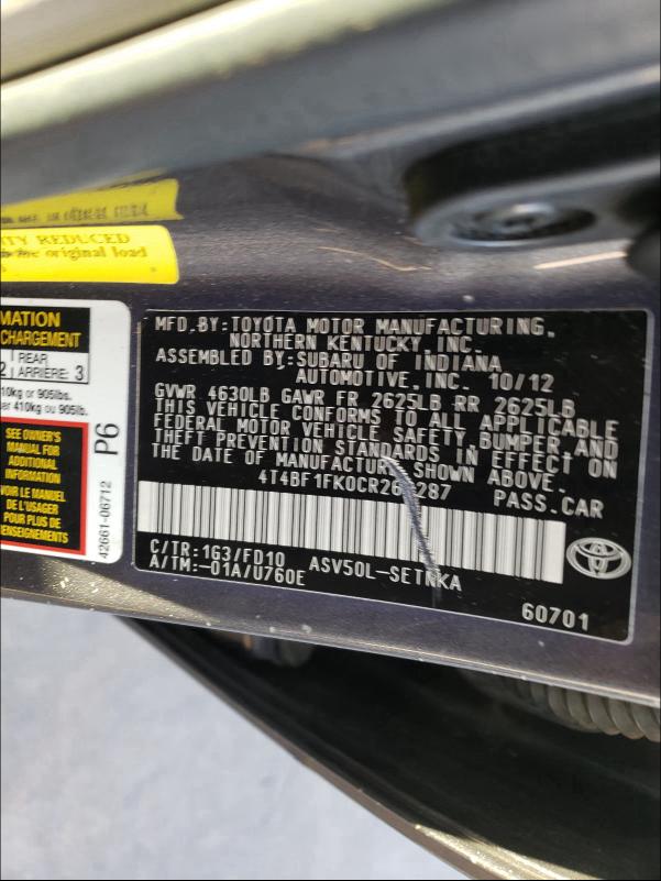 Photo 9 VIN: 4T4BF1FK0CR260287 - TOYOTA CAMRY BASE 