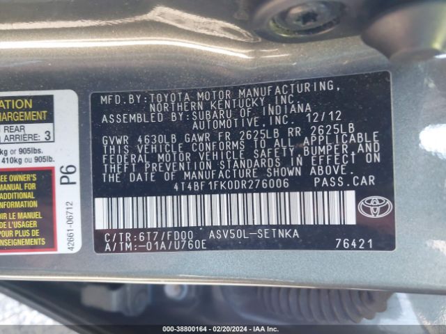 Photo 8 VIN: 4T4BF1FK0DR276006 - TOYOTA CAMRY 