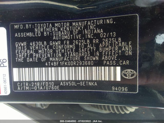 Photo 8 VIN: 4T4BF1FK0DR293680 - TOYOTA CAMRY 