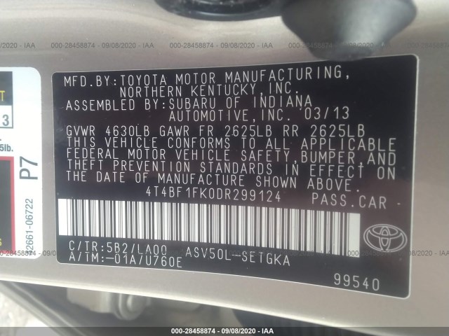 Photo 8 VIN: 4T4BF1FK0DR299124 - TOYOTA CAMRY 