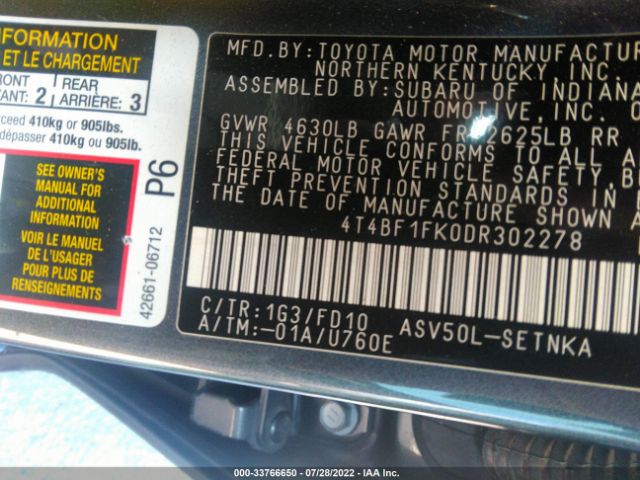 Photo 8 VIN: 4T4BF1FK0DR302278 - TOYOTA CAMRY 