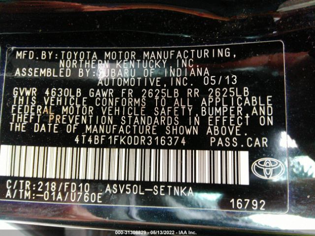 Photo 8 VIN: 4T4BF1FK0DR316374 - TOYOTA CAMRY 