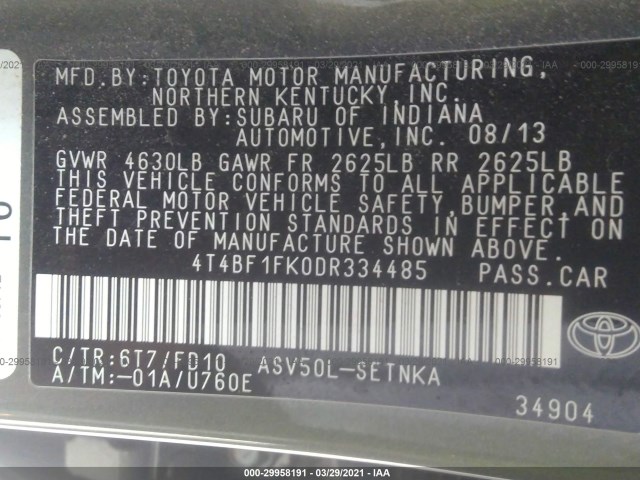 Photo 8 VIN: 4T4BF1FK0DR334485 - TOYOTA CAMRY 