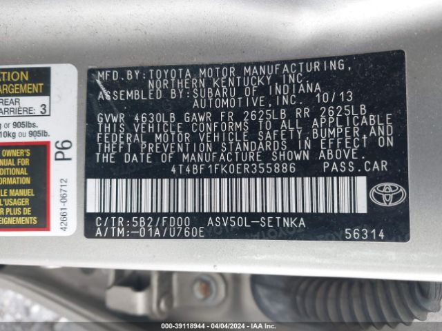 Photo 8 VIN: 4T4BF1FK0ER355886 - TOYOTA CAMRY 