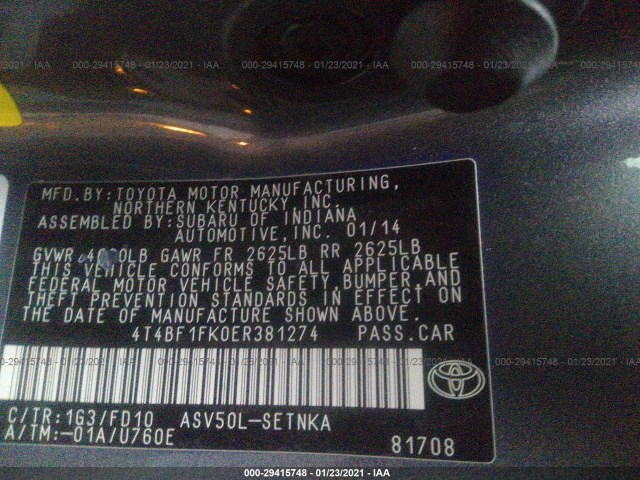 Photo 8 VIN: 4T4BF1FK0ER381274 - TOYOTA CAMRY 