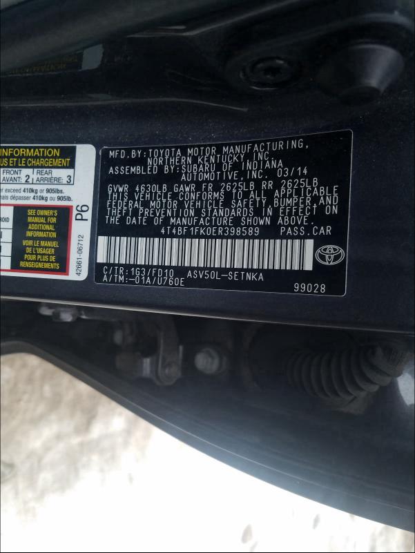 Photo 9 VIN: 4T4BF1FK0ER398589 - TOYOTA CAMRY L 