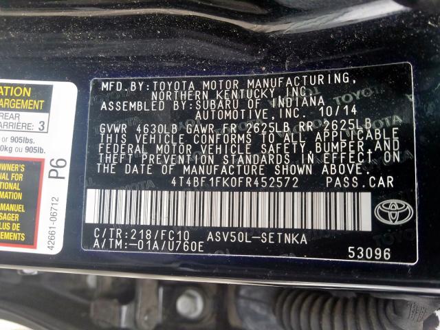 Photo 9 VIN: 4T4BF1FK0FR452572 - TOYOTA CAMRY LE 