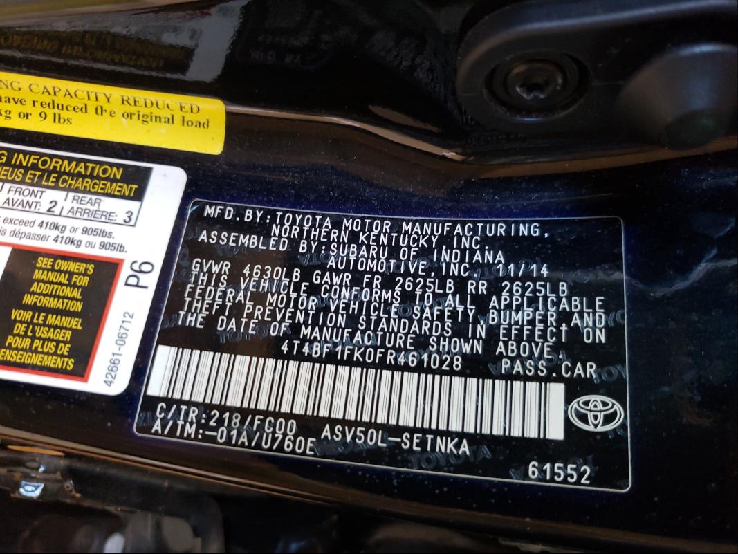 Photo 9 VIN: 4T4BF1FK0FR461028 - TOYOTA CAMRY LE 