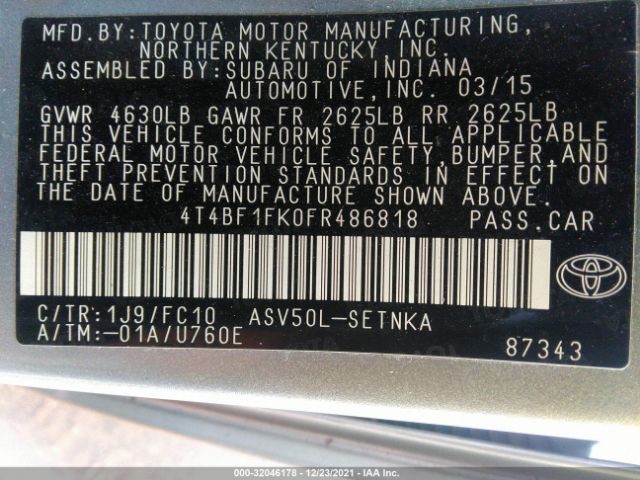 Photo 8 VIN: 4T4BF1FK0FR486818 - TOYOTA CAMRY 