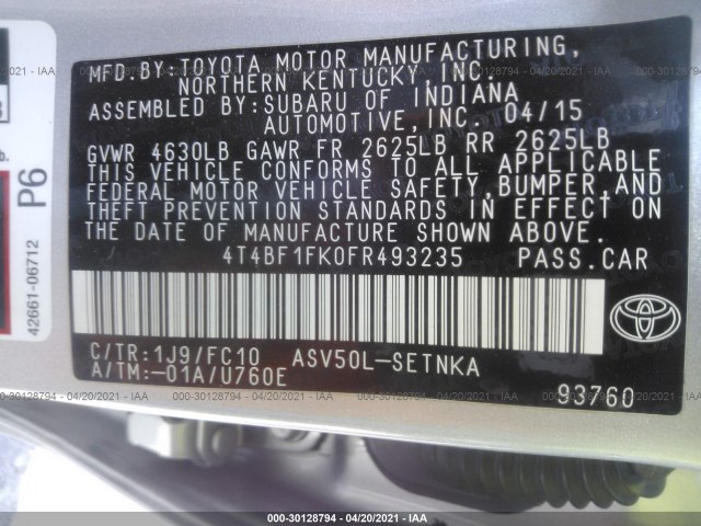 Photo 8 VIN: 4T4BF1FK0FR493235 - TOYOTA CAMRY 