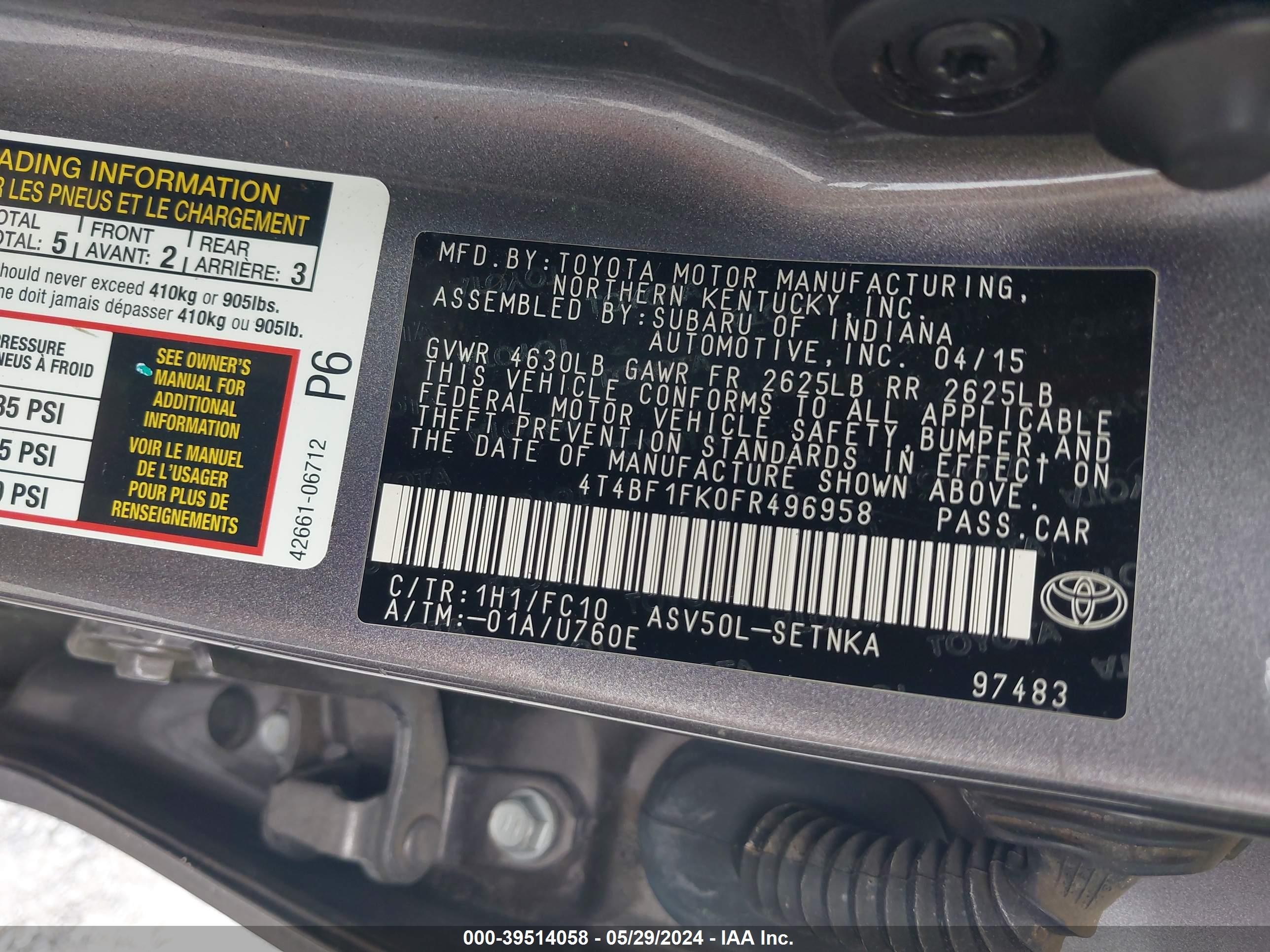 Photo 8 VIN: 4T4BF1FK0FR496958 - TOYOTA CAMRY 