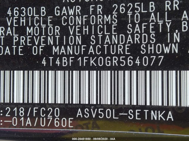 Photo 8 VIN: 4T4BF1FK0GR564077 - TOYOTA CAMRY 