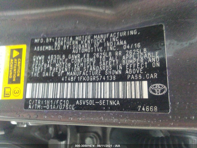 Photo 8 VIN: 4T4BF1FK0GR574138 - TOYOTA CAMRY 