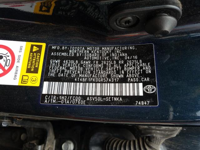 Photo 9 VIN: 4T4BF1FK0GR574317 - TOYOTA CAMRY LE 