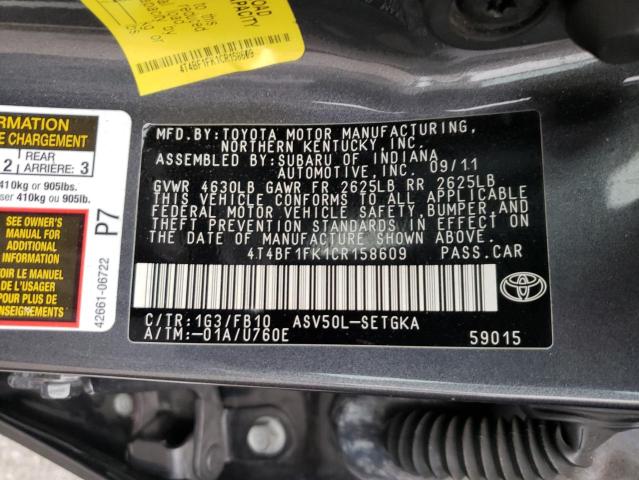 Photo 9 VIN: 4T4BF1FK1CR158609 - TOYOTA CAMRY BASE 