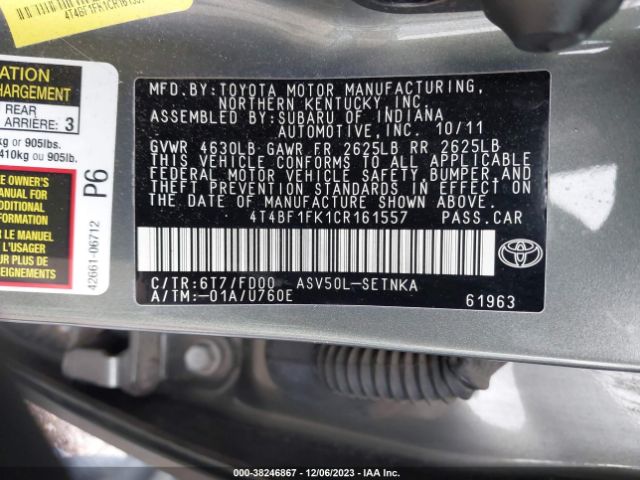 Photo 8 VIN: 4T4BF1FK1CR161557 - TOYOTA CAMRY 