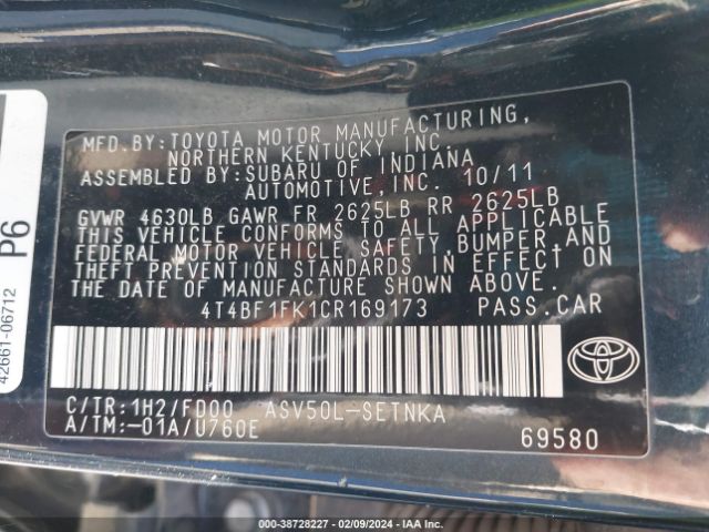 Photo 8 VIN: 4T4BF1FK1CR169173 - TOYOTA CAMRY 