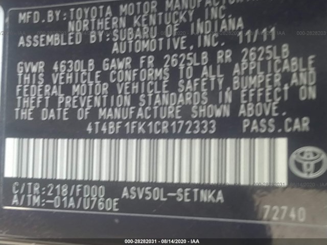 Photo 8 VIN: 4T4BF1FK1CR172333 - TOYOTA CAMRY 