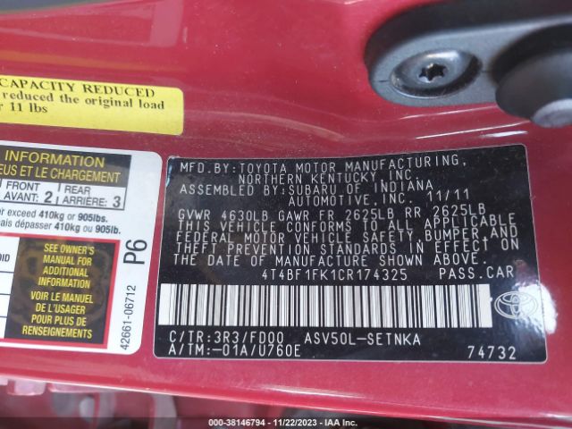 Photo 8 VIN: 4T4BF1FK1CR174325 - TOYOTA CAMRY 